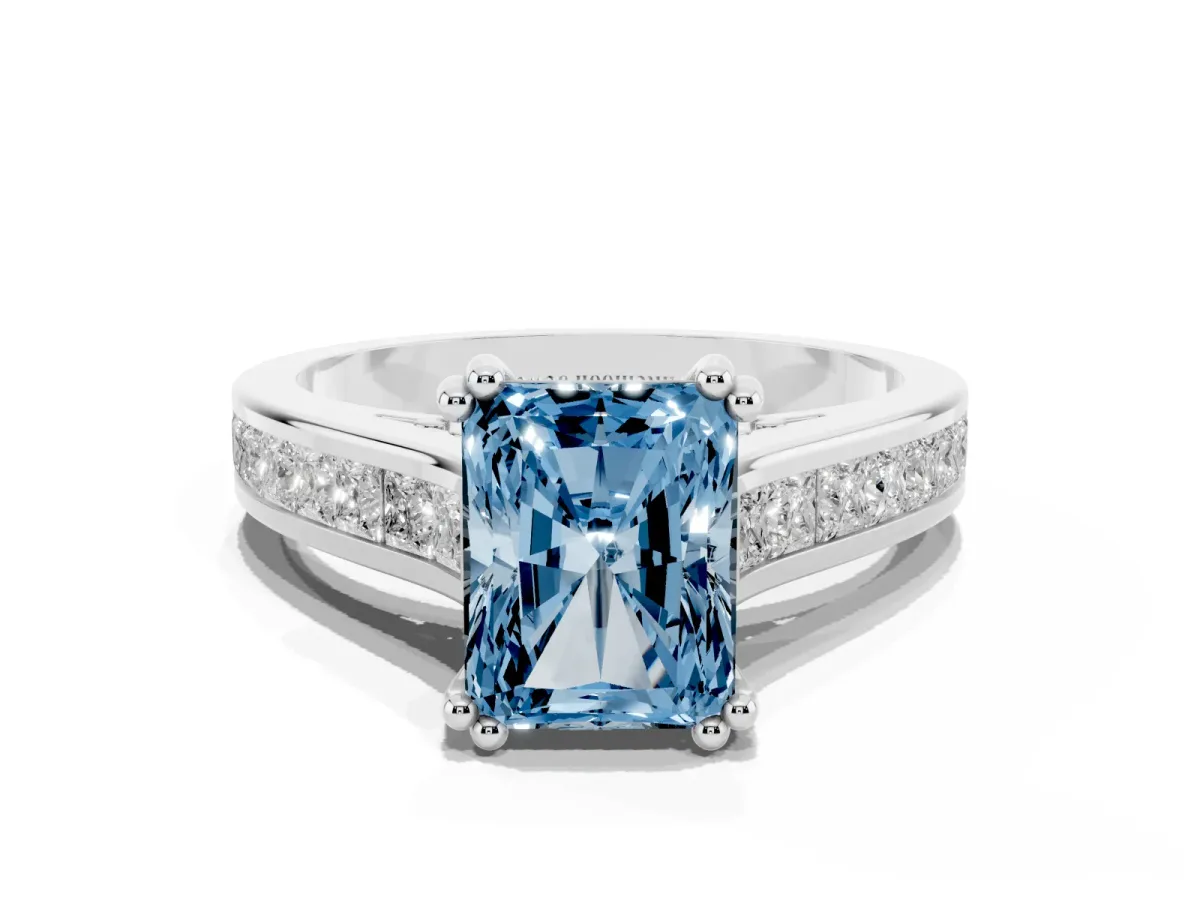 Fancy Blue Radiant Cut Cut Channel Set Solitaire Engagement Ring with Prong Setting Platinum