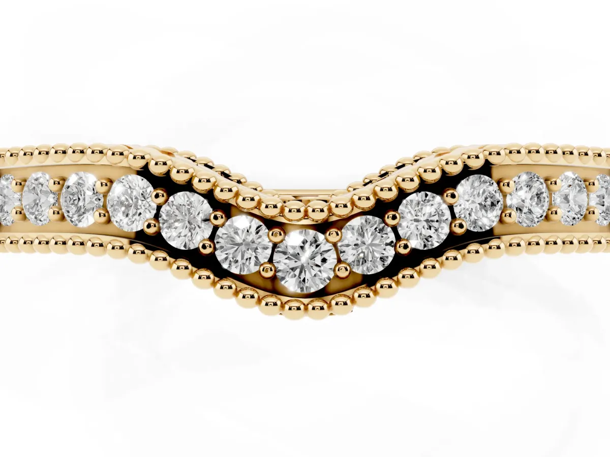 Pave Round Diamond Curved Milgrain Band Yellow gold