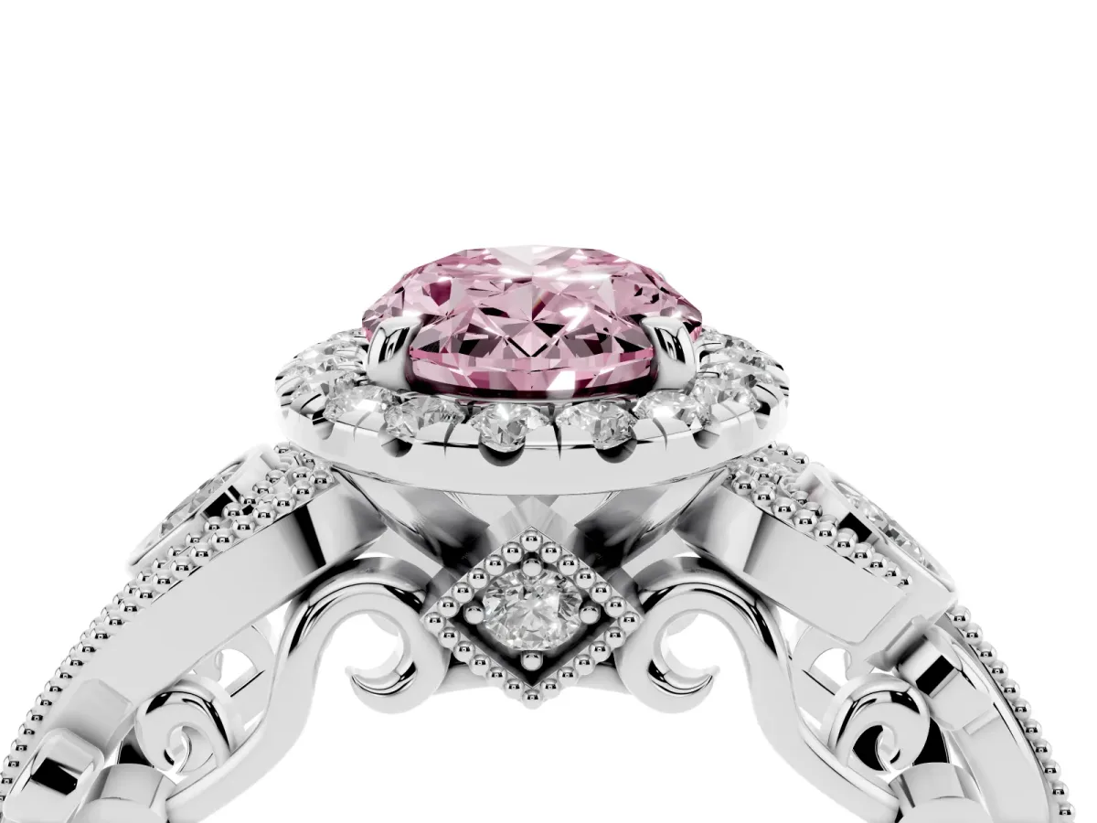 Fancy Pink Oval Cut Halo Diamond Ring with Milgrain and Bezel Accents on a Split Shank Band Silver