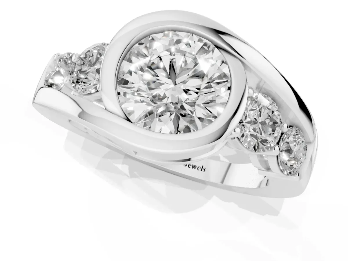 Bezel Set Round Cut Diamond Bypass Ring with Round Accents Platinum