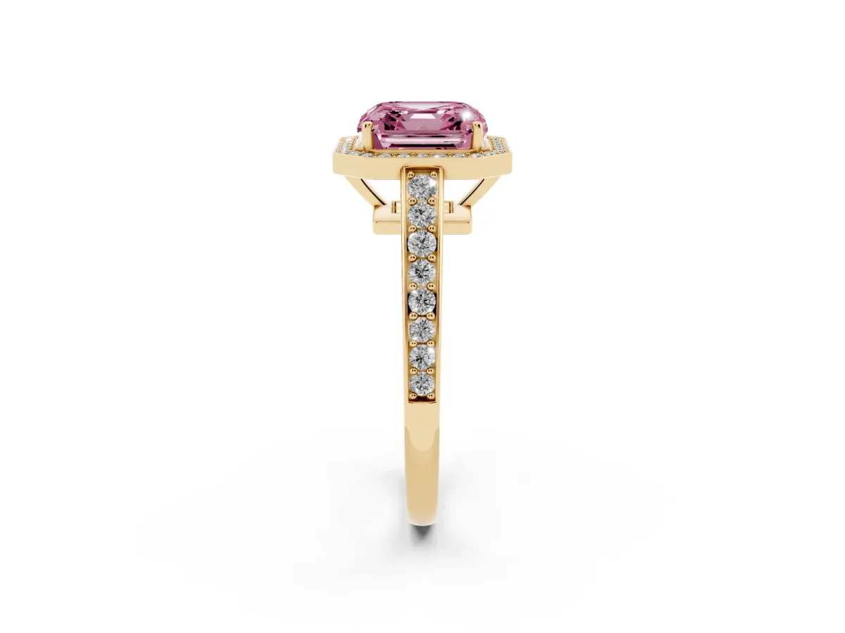 Fancy Pink Asscher Cut Halo Pavé Diamond Engagement Ring with Bezel Setting Yellow gold