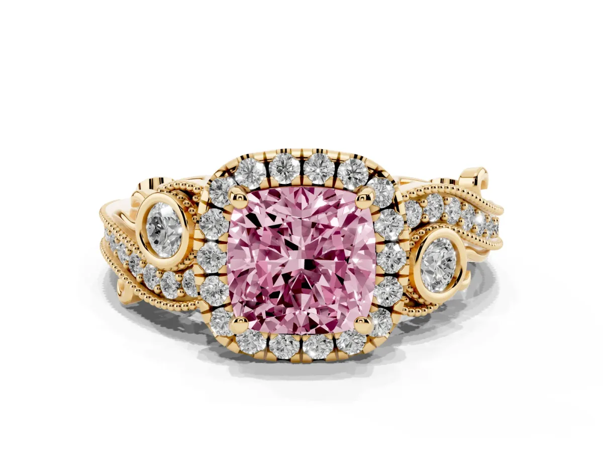 Fancy Pink Cushion Cut Diamond Halo Ring with Milgrain Pavé Band and Four-Prong Setting Yellow gold