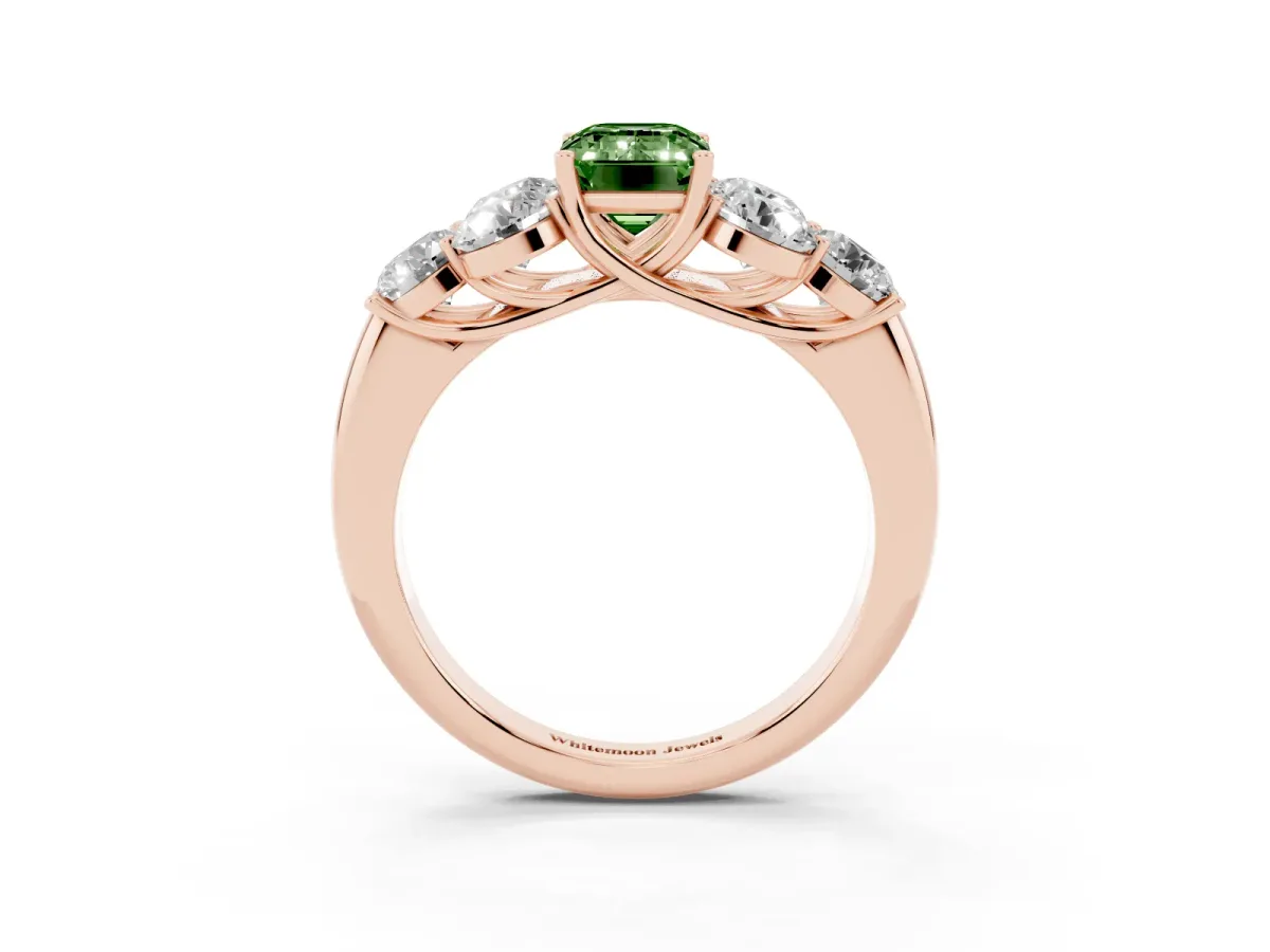 Fancy Green Emerald Cut Cut Diamond Cluster Ring with Round Accent Stones and Prong Setting on a Classic Band Rose gold
