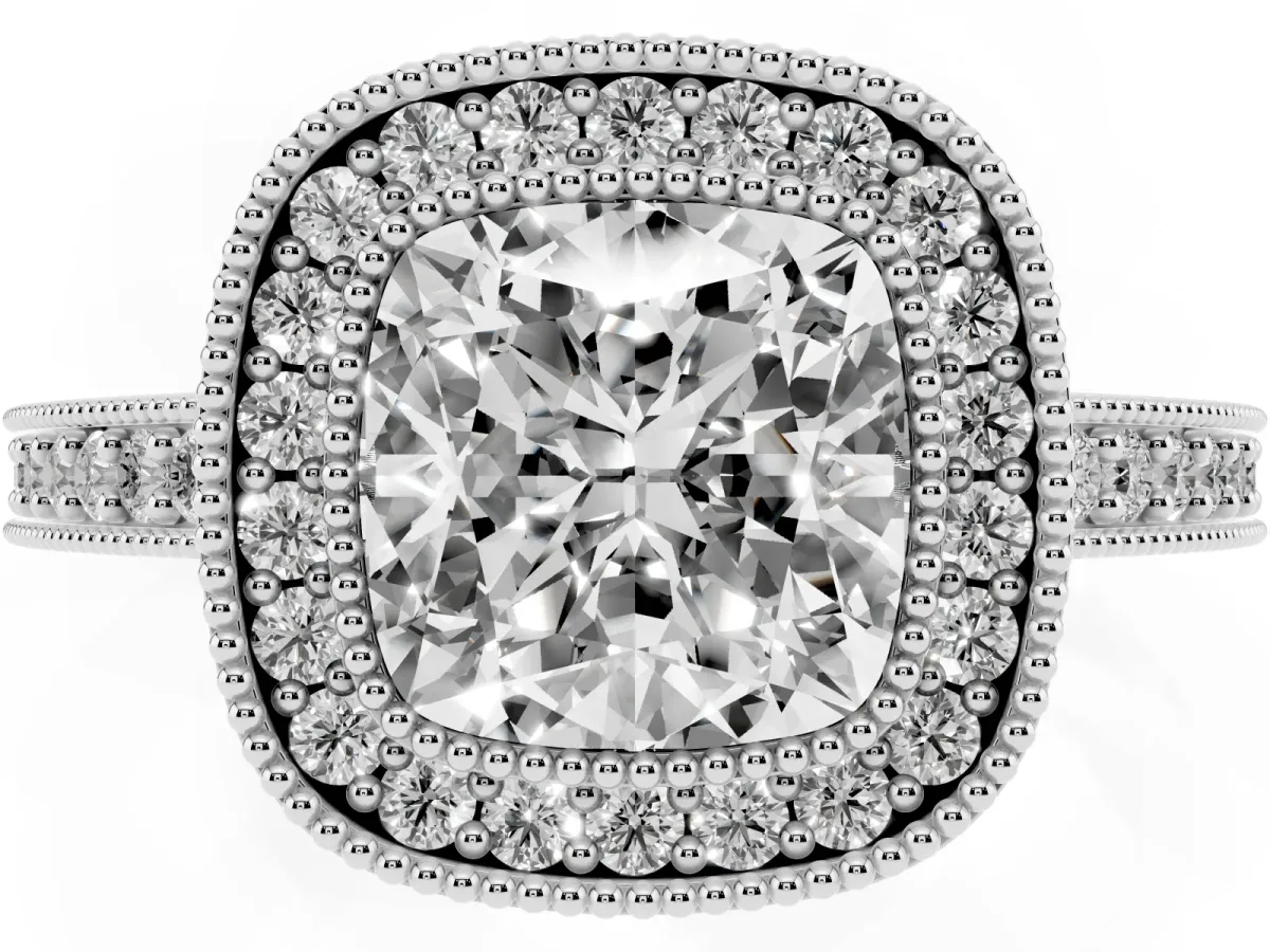 Cushion Cut-Cut Diamond Halo Engagement Ring with Pave Band and Prong Setting Platinum