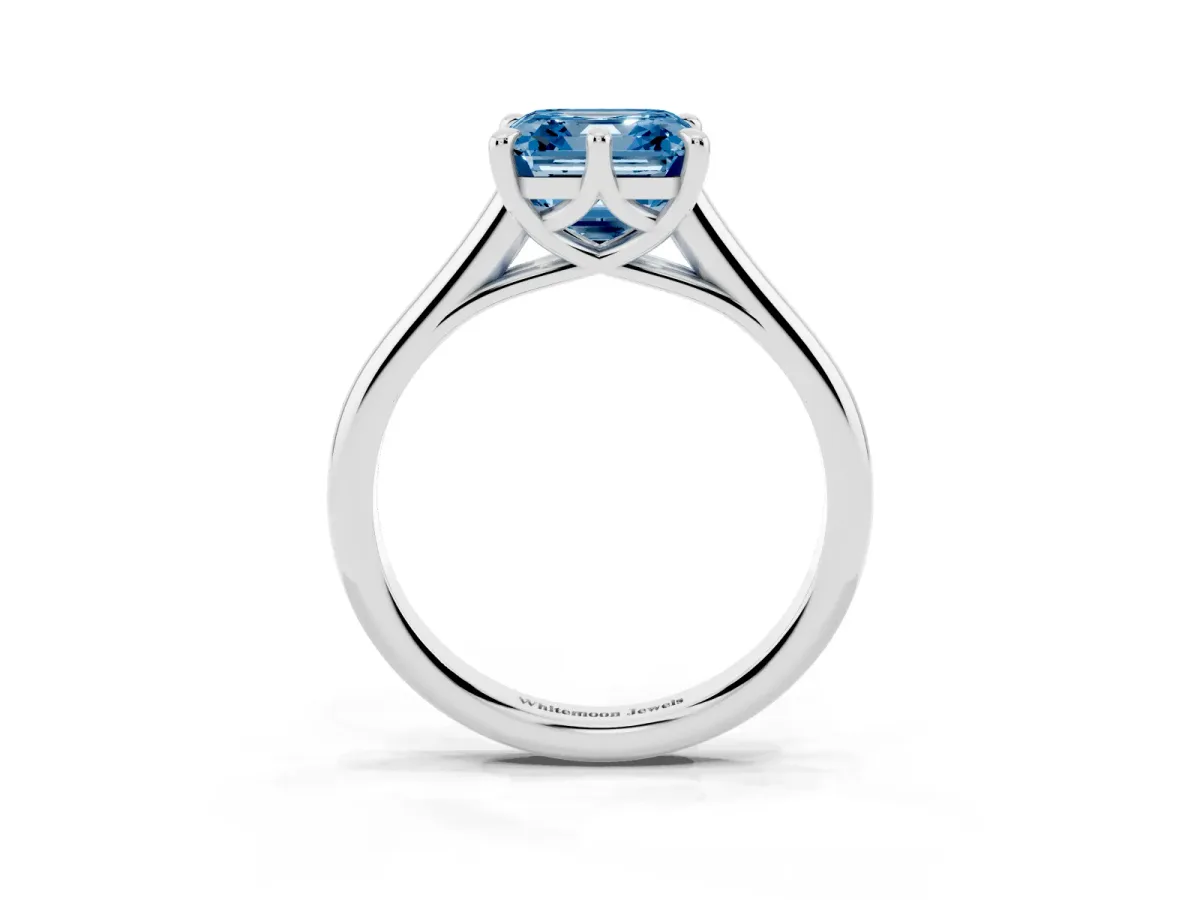Fancy Blue Asscher Cut Solitaire Engagement Ring with Six-Prong Setting and Classic Band Silver