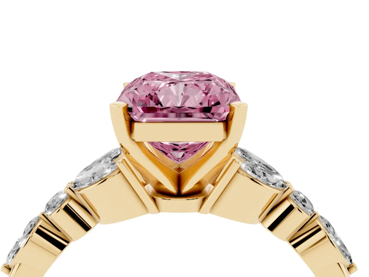 Fancy Pink Radiant Cut Diamond Solitaire Ring with Side Stones and Four-Prong Setting Yellow gold