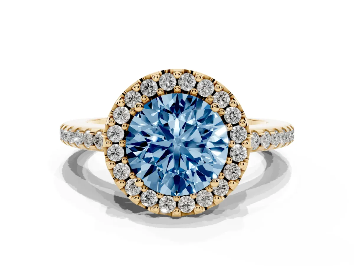 Fancy Blue Round Cut Diamond Pavé Halo Ring with Four-Prong Setting Yellow gold