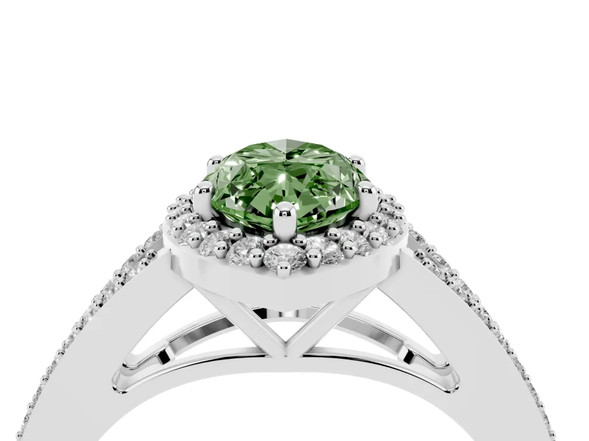 Fancy Green Marquise Cut Halo Split Shank Diamond Ring with Prong Setting Silver