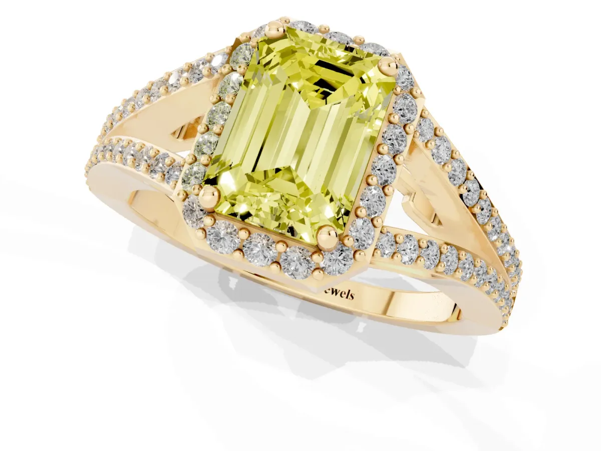 Fancy Yellow Emerald Cut Halo Split Shank Diamond Ring with Prong Setting Yellow gold