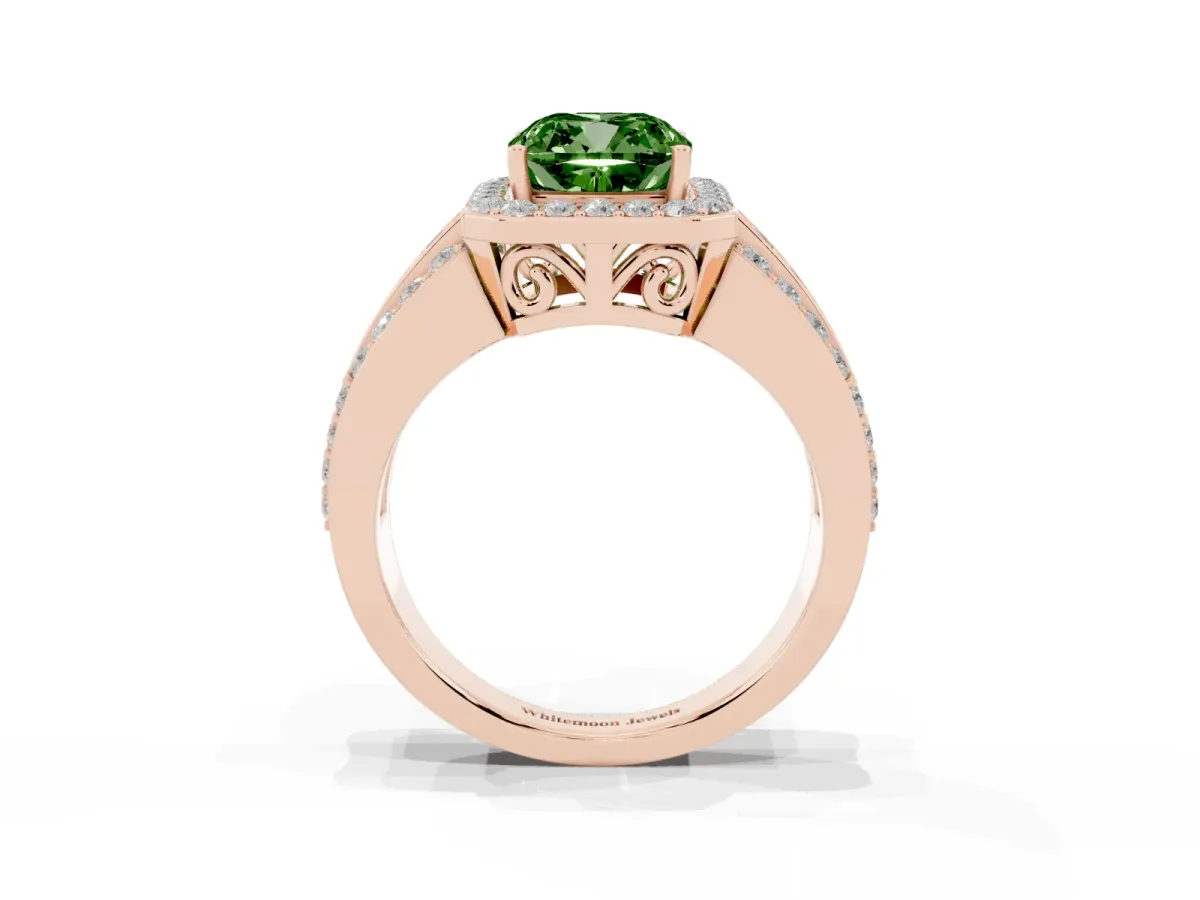 Fancy Green Cushion Cut Halo Diamond Ring with Round Split Shank and Prong Setting Rose gold