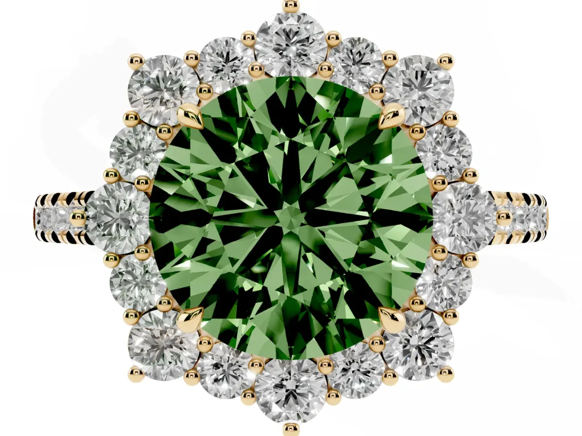 Fancy Green Round Cut Halo Diamond Ring with Pavé Band and Prong Setting Yellow gold