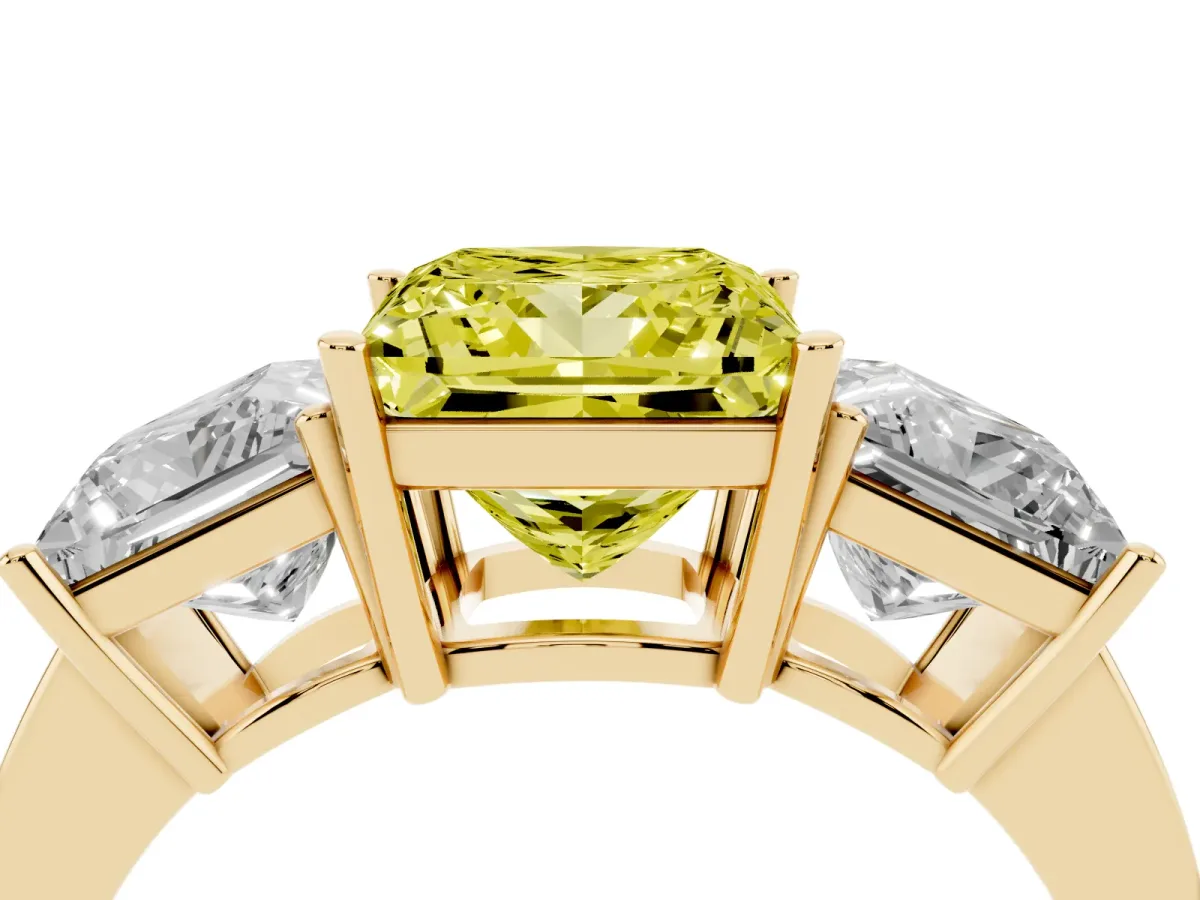 Fancy Yellow Three-Stone Princess Cut Cut Diamond Engagement Ring with Flat Band and Four-Prong Setting Yellow gold