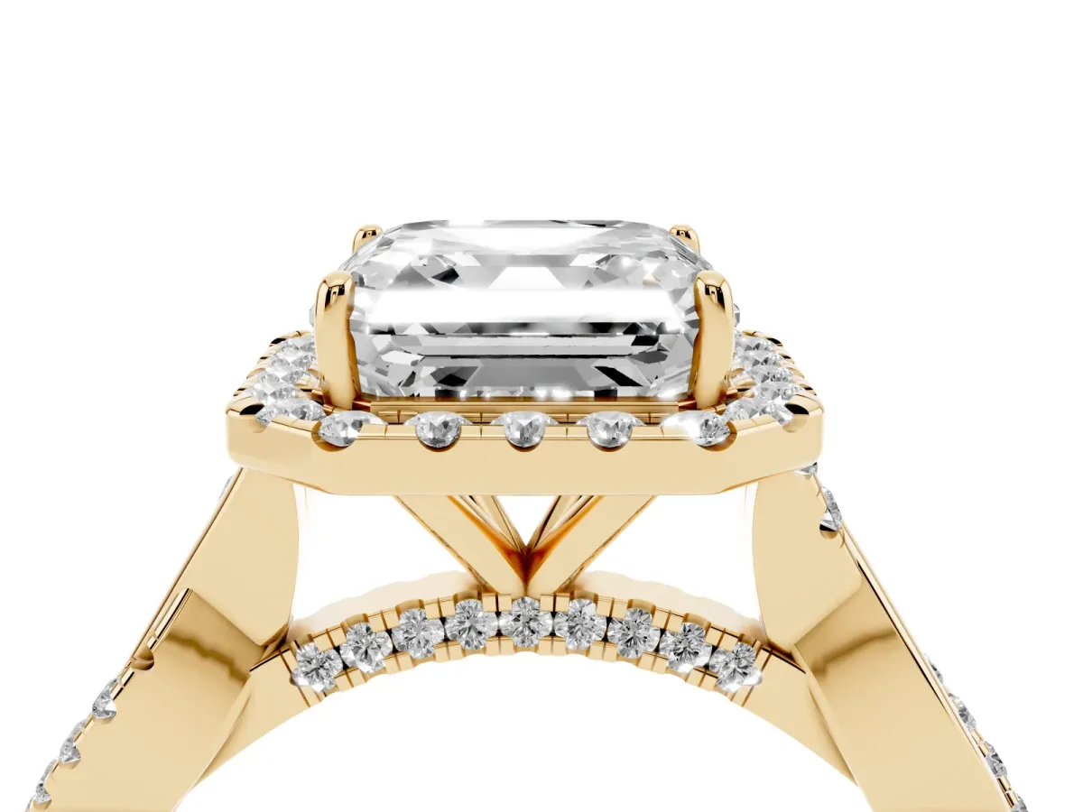 Asscher Cut Halo Twist Band Solitaire Ring Yellow gold
