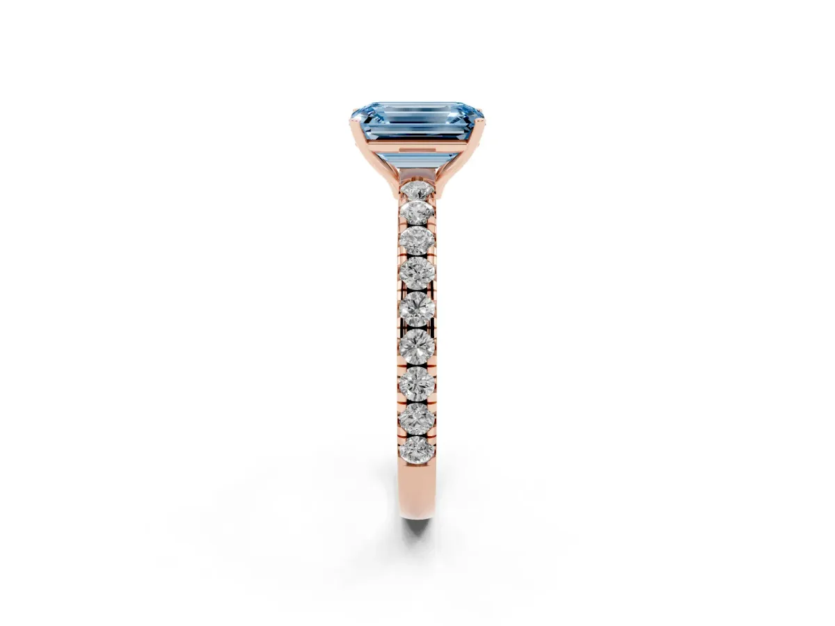 Fancy Blue Emerald Cut Diamond Pavé Solitaire Engagement Ring with Four-Prong Setting Rose gold