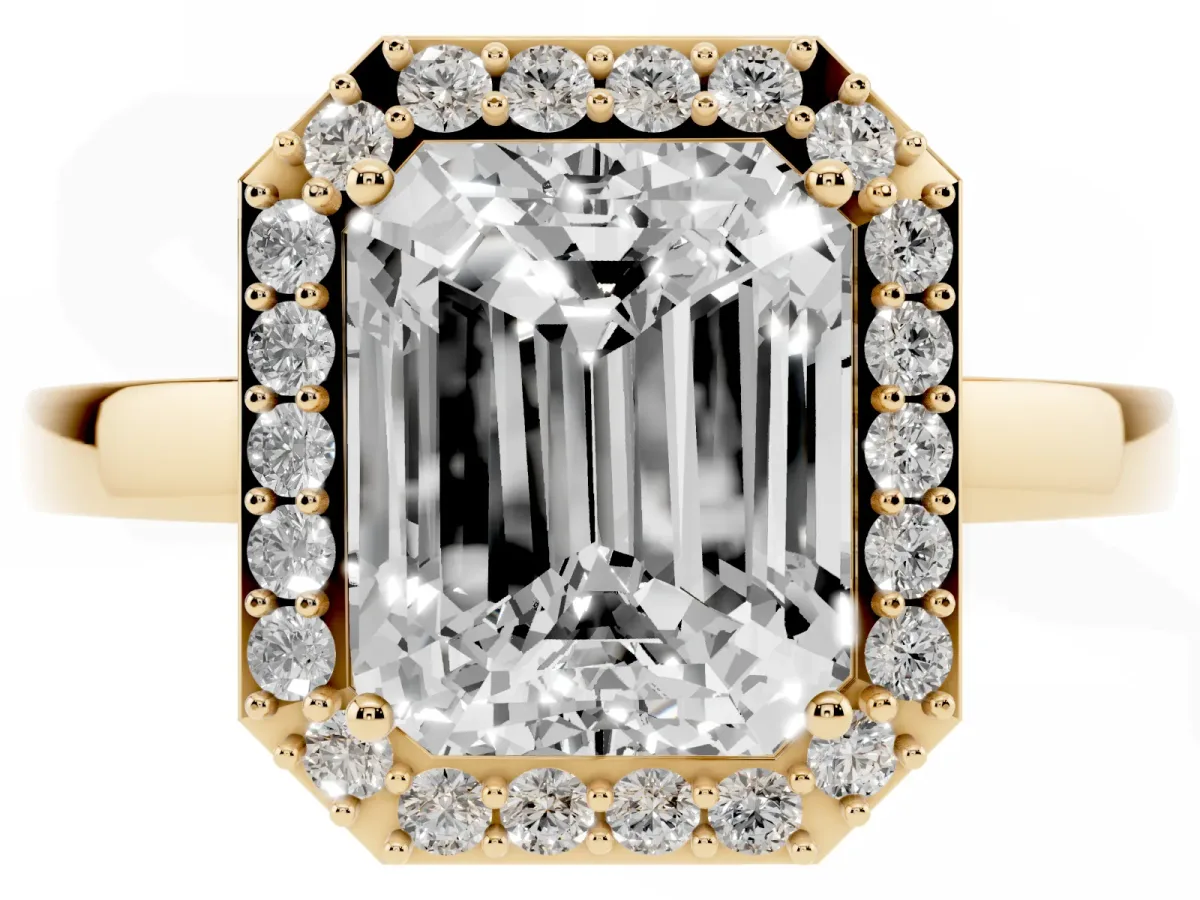 Radiant Cut Halo Diamond Ring with Solitaire Band and Prong Setting Yellow gold