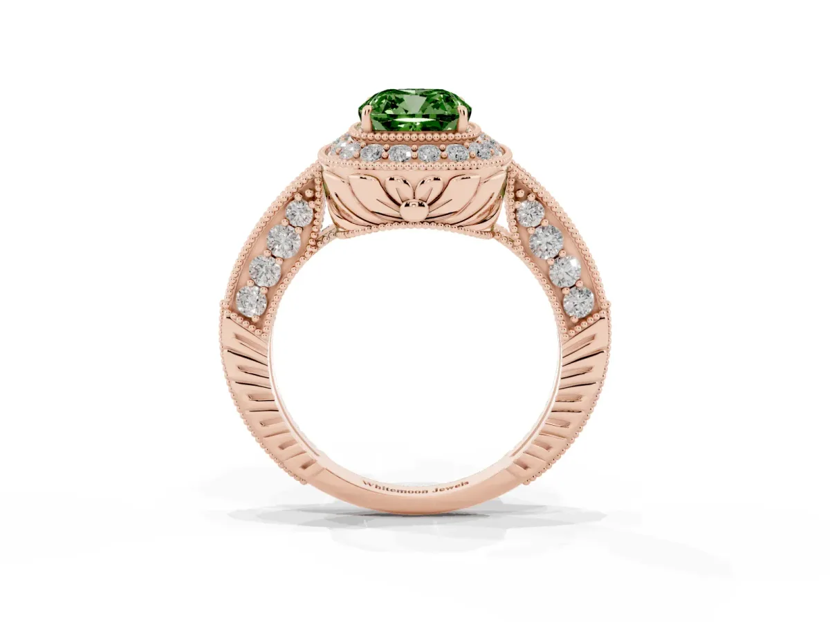 Fancy Green Cushion Cut Halo Diamond Split Shank Ring with Milgrain Detail Rose gold