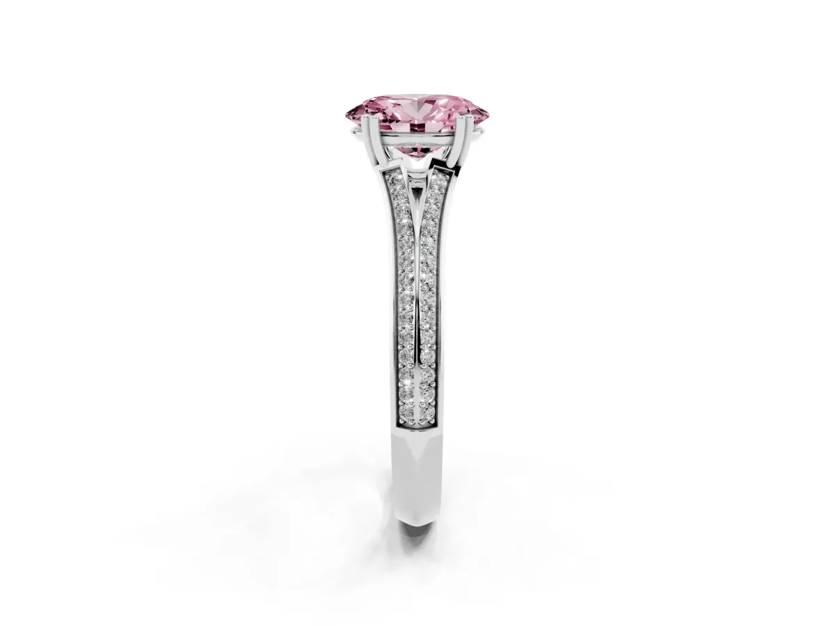 Fancy Pink Oval Cut Diamond Split Shank Engagement Ring with Pavé Band Silver