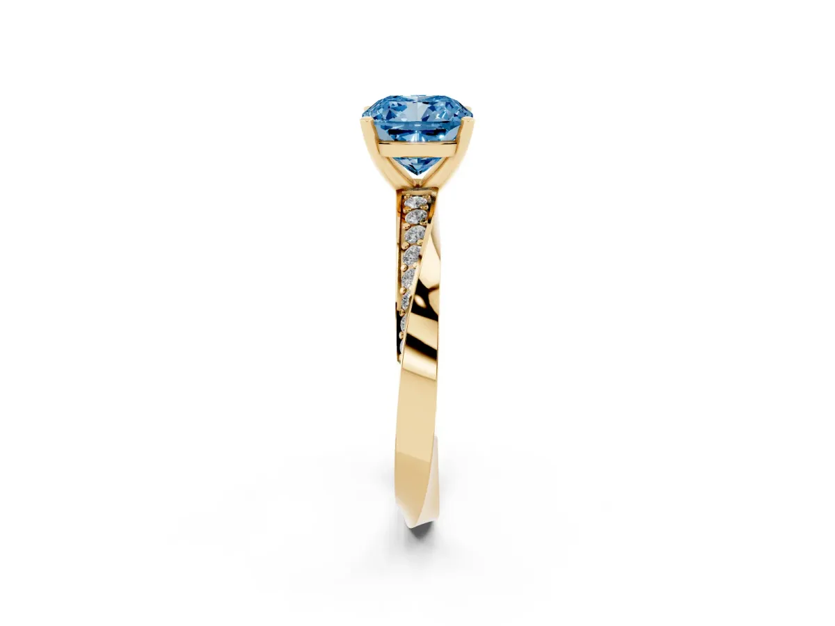 Fancy Blue Cushion Cut Diamond Engagement Ring with Side Stone Accents and Four-Prong Setting Yellow gold