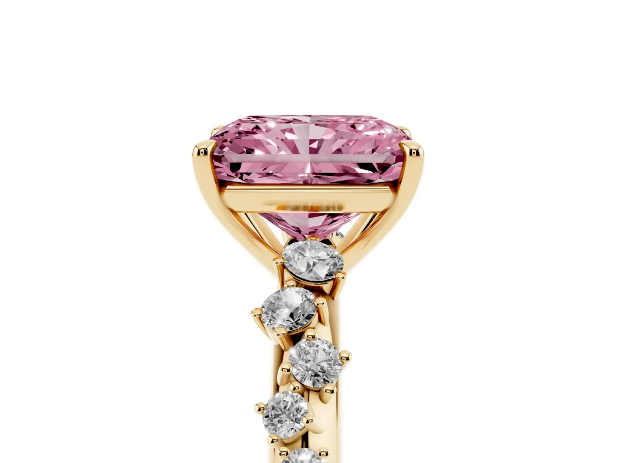 Fancy Pink Radiant Cut Diamond Cluster Side Stone Solitaire Ring with Prong Setting Yellow gold