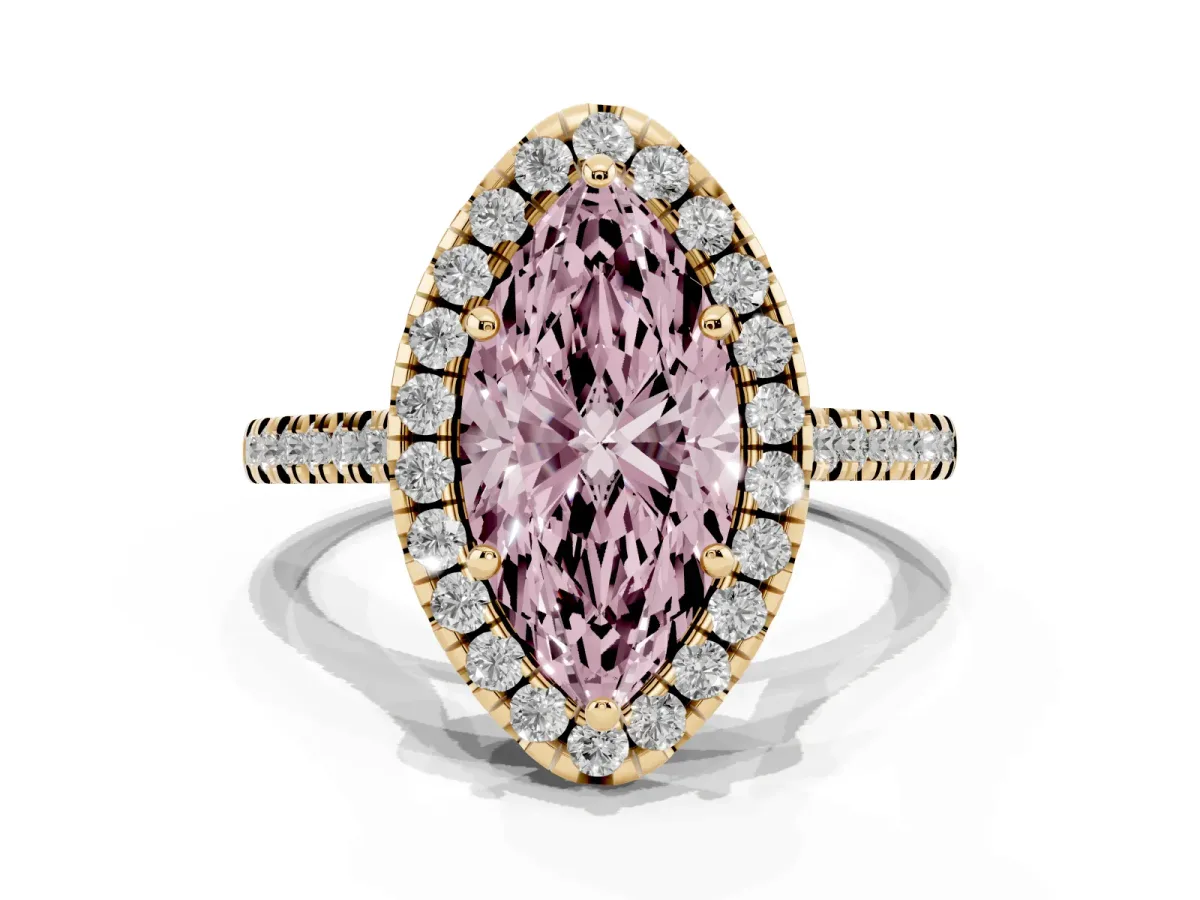 Fancy Pink Marquise Cut Diamond Cushion Halo Ring with Pavé Band Yellow gold