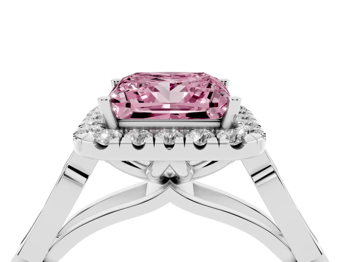 Fancy Pink Princess Cut Halo Diamond Engagement Ring with Filigree Band and Four-Prong Setting Platinum
