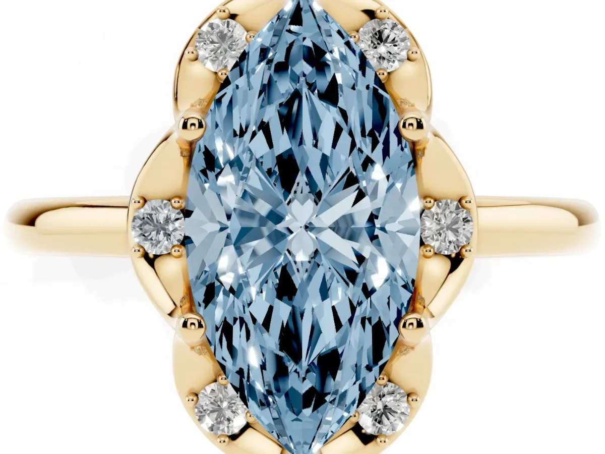 Fancy Blue Marquise Cut Halo Diamond Ring with Round Cluster Setting, Solitaire Band, and Four-Prong Setting Yellow gold