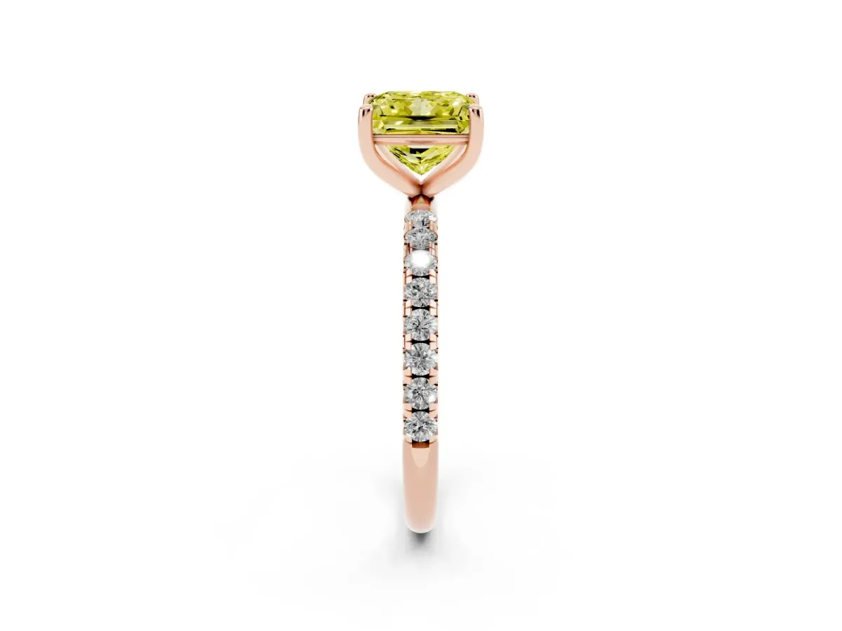Fancy Yellow Princess Cut Cut Diamond Solitaire Ring with Micro Pave Band and Four Prong Setting Rose gold