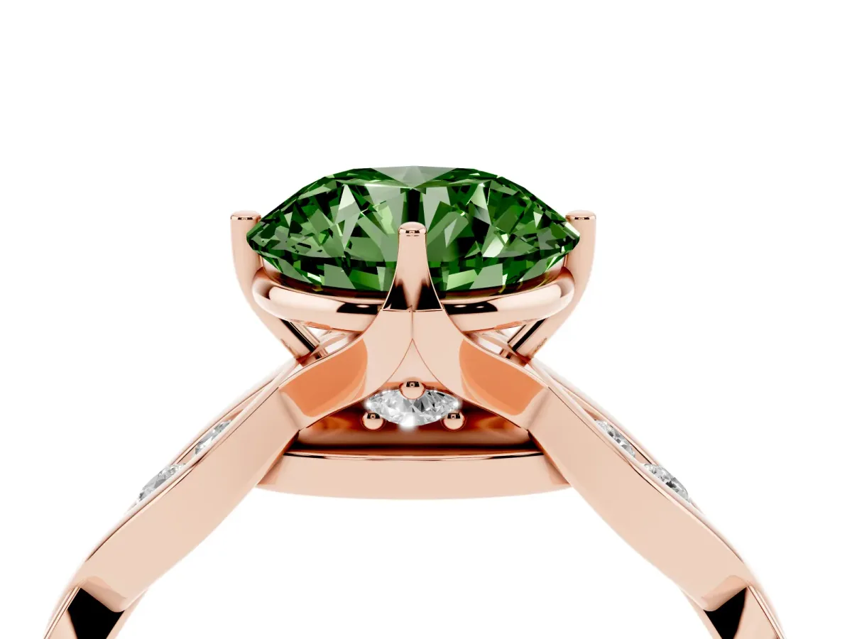 Fancy Green Round Cut Solitaire Twist Band with Leaf Prong Setting Rose gold