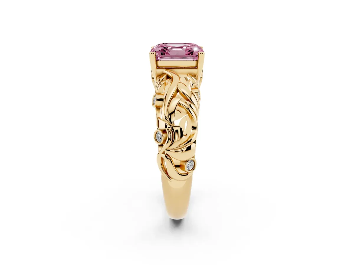 Fancy Pink Asscher Cut Solitaire Diamond Leaf-Inspired Vine Band Ring with Prong Setting Yellow gold