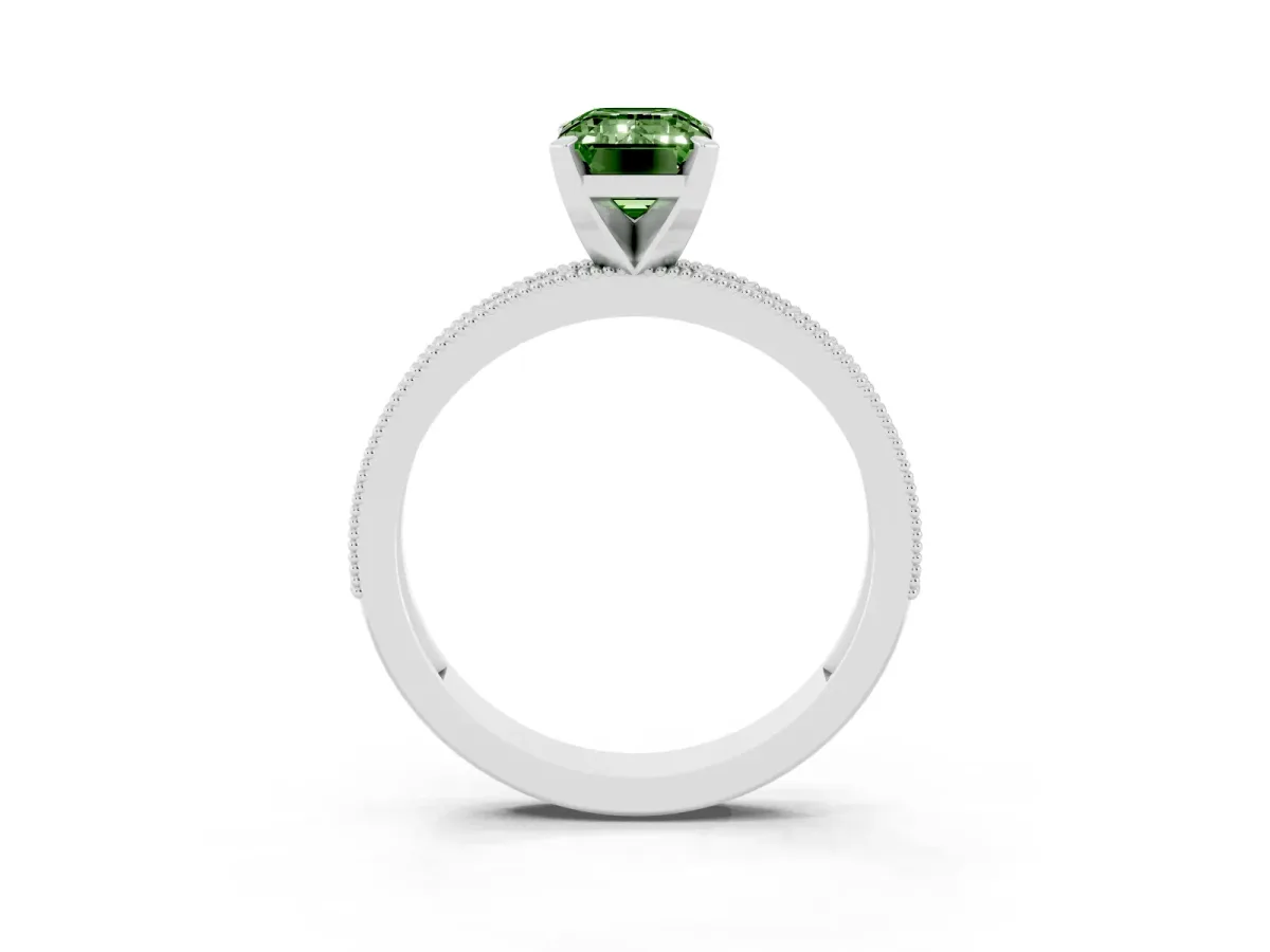 Fancy Green Emerald Cut Diamond Milgrain Pavé Engagement Ring with Four-Prong Setting Silver