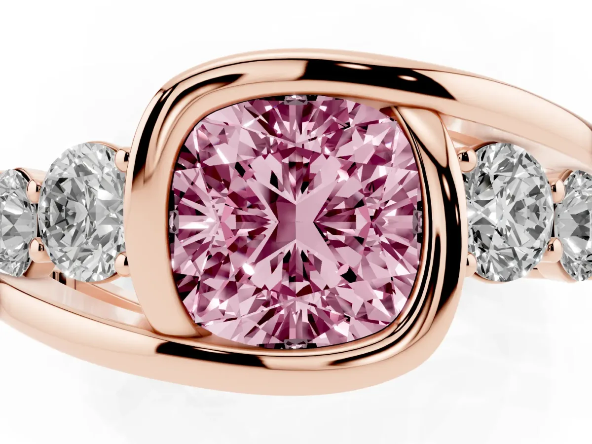 Fancy Pink Bezel Set Cushion Cut Diamond Bypass Ring with Round Accents Rose gold
