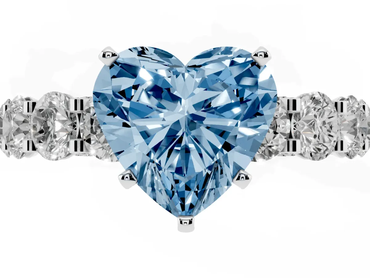 Fancy Blue Heart Cut Diamond Side Stone Engagement Ring with Four-Prong Setting White gold