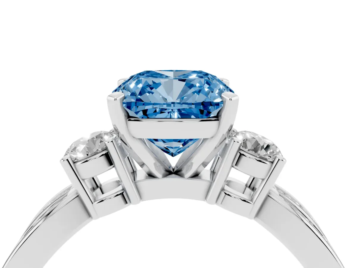 Fancy Blue Three-Stone Cushion Cut Cut Diamond Twist Band with Prong Setting Silver