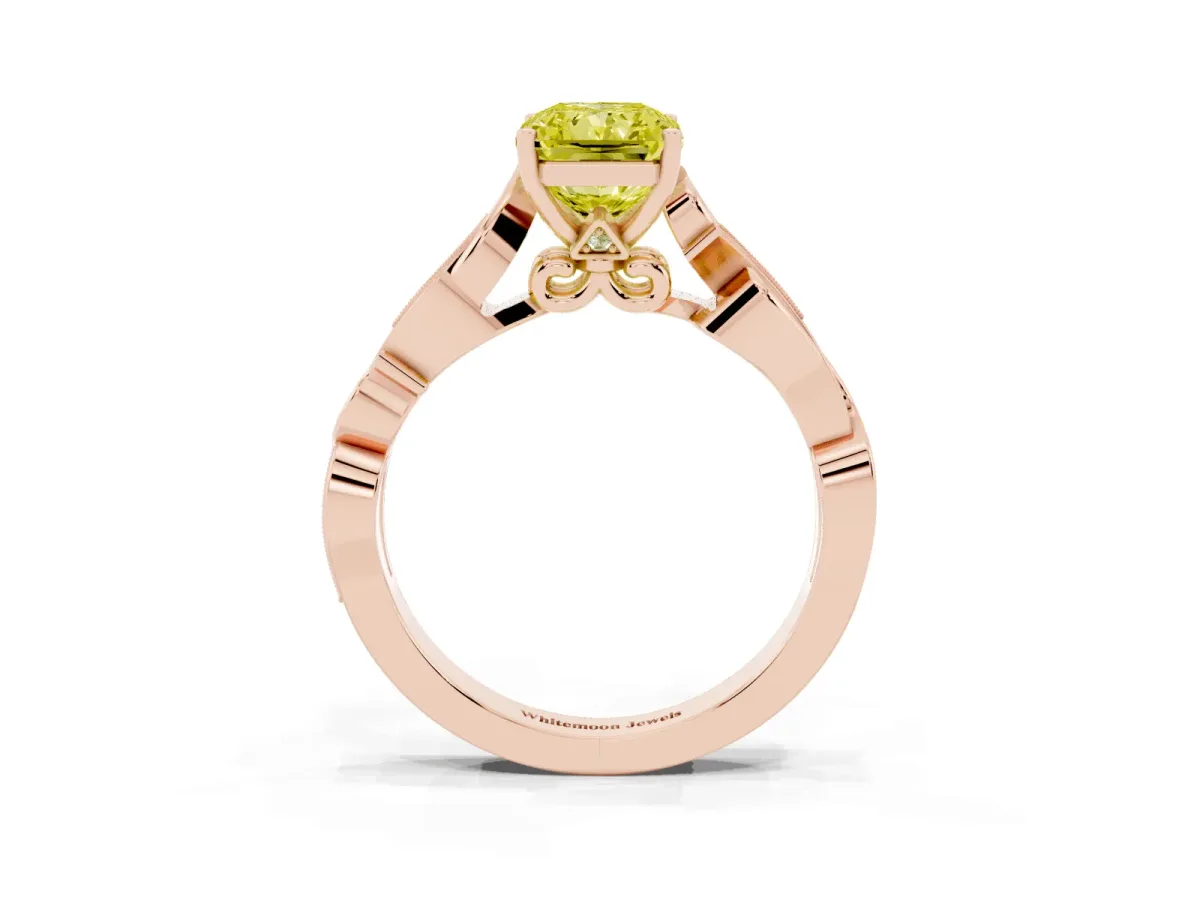 Fancy Yellow Radiant Cut Solitaire Vine Band with Milgrain Prong Setting Rose gold