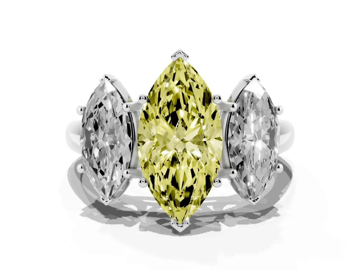 Fancy Yellow Three-Stone Marquise Cut Diamond Engagement Ring with Prong Setting Silver