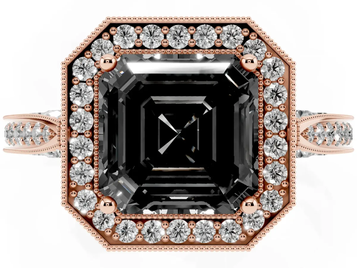 Fancy Black Asscher Cut Halo Diamond Engagement Ring with Split Shank Band and Four-Prong Setting Rose gold