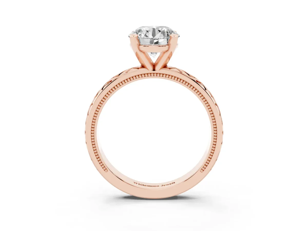 Round Cut Solitaire Diamond Ring with Milgrain and Black Enamel X Pattern Band Rose gold