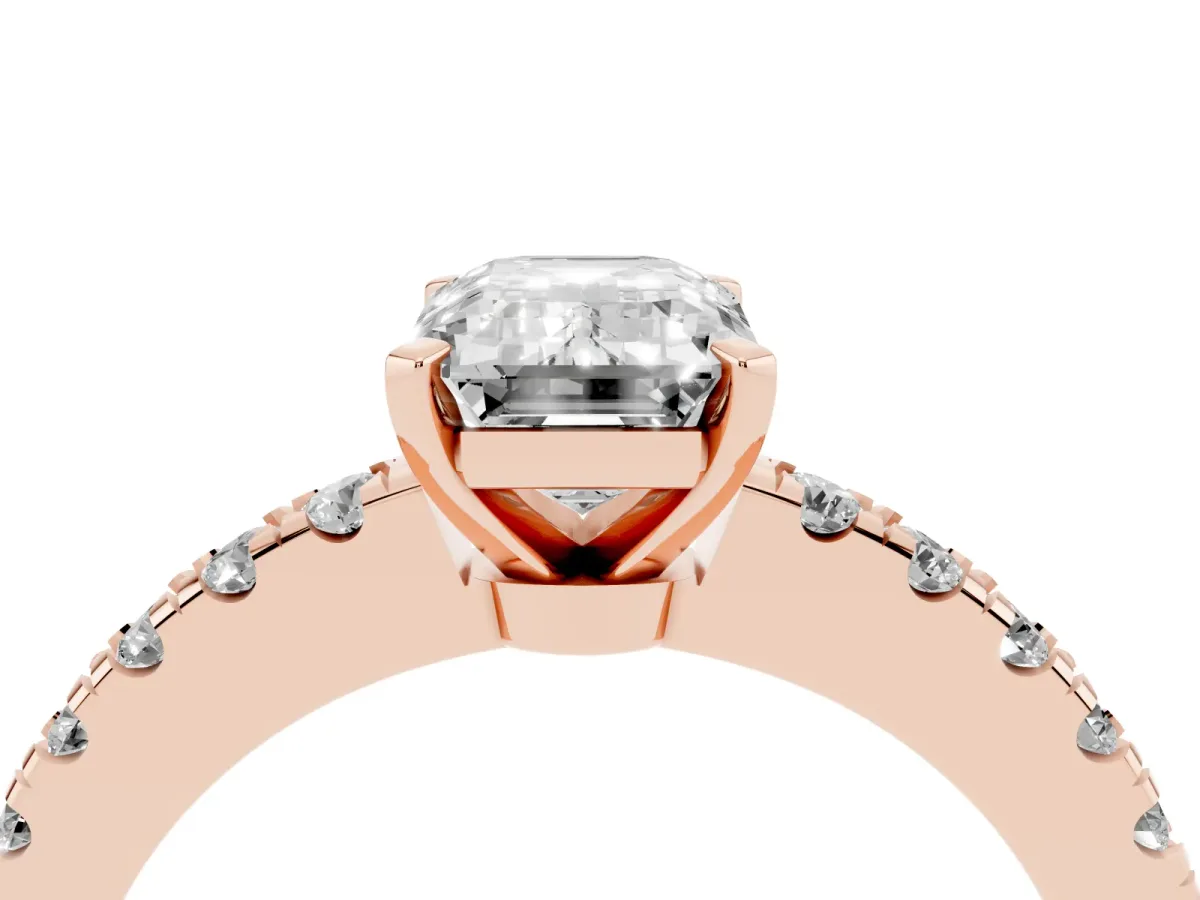 Emerald Cut Solitaire Diamond with Pavé Band and Four-Prong Setting Rose gold