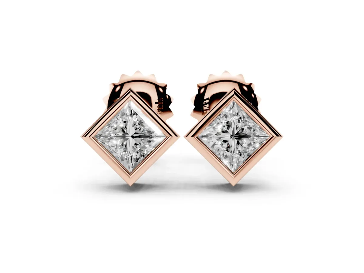 Princess Cut Bezel Set Diamond Stud Earrings Rose gold