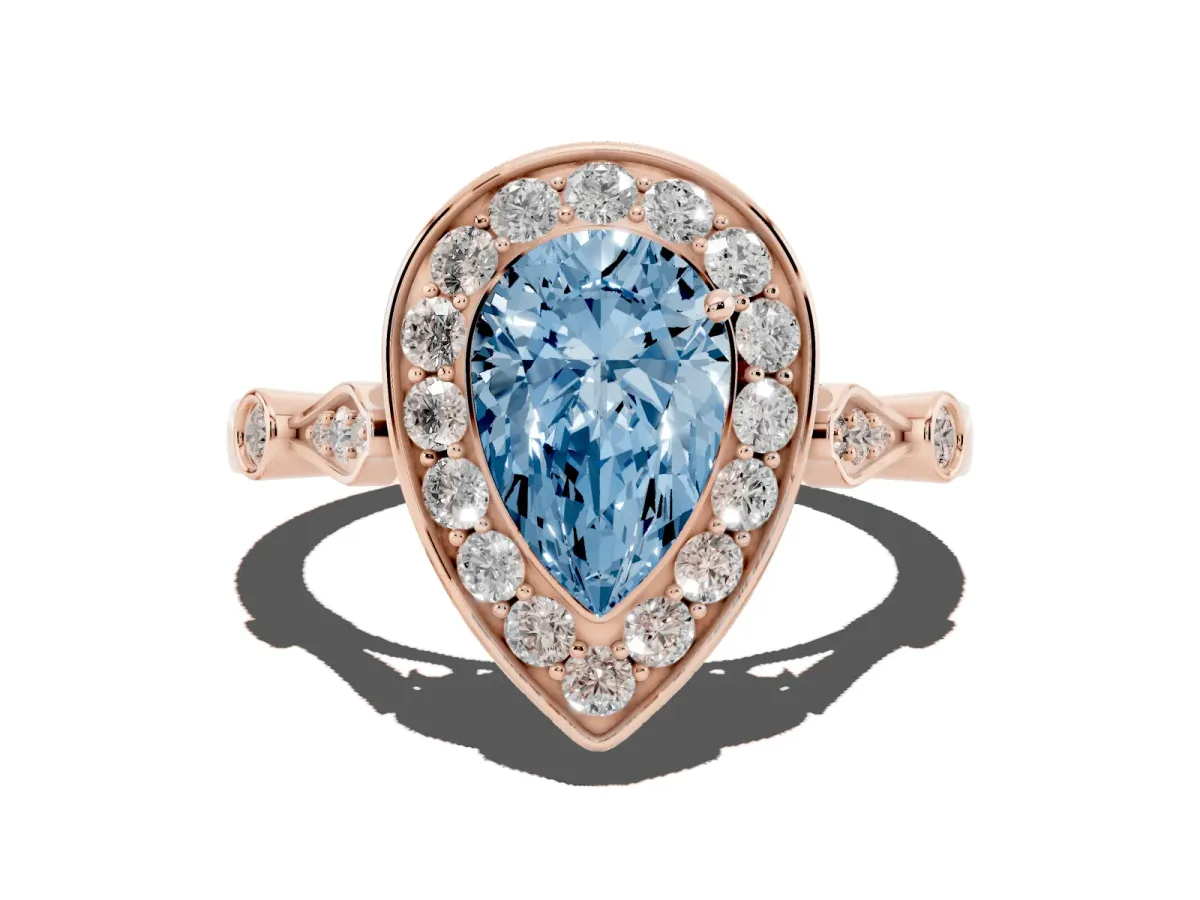Fancy Blue Pear Cut Halo Diamond Engagement Ring with Twisted Band and Four-Prong Setting Rose gold