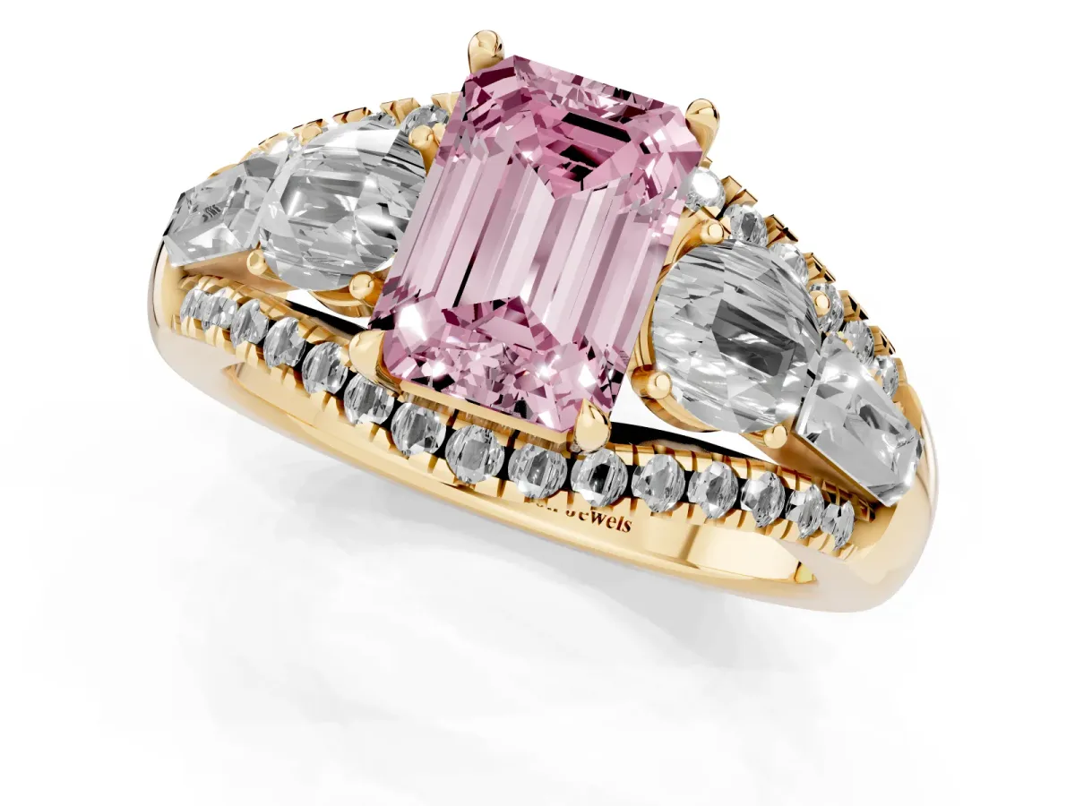 Fancy Pink Three-Stone Emerald Cut Diamond Engagement Ring with Pave Band and Prong Setting Yellow gold