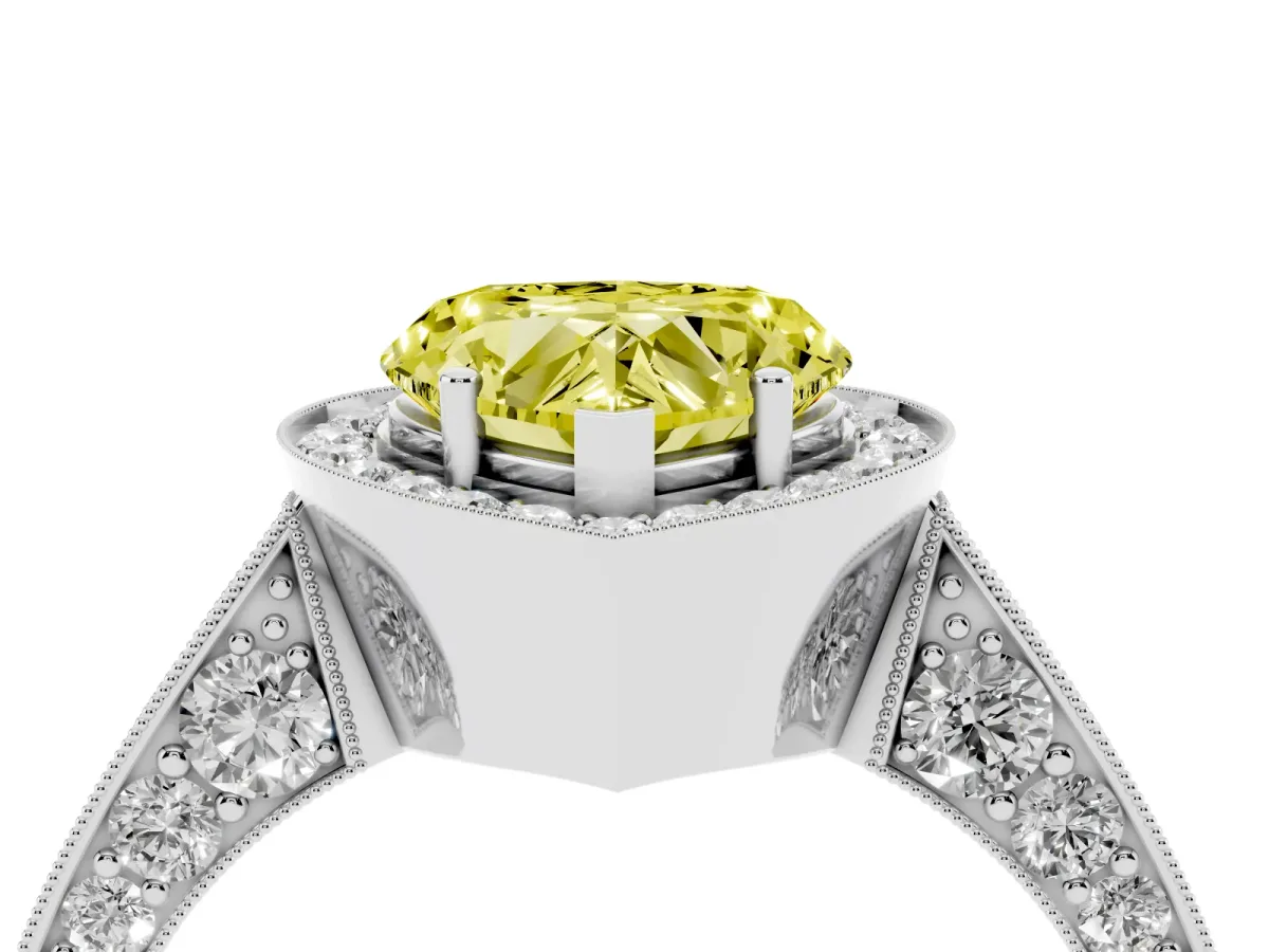 Fancy Yellow Heart Cut Halo Diamond Engagement Ring with Split Shank Band and Four-Prong Setting Silver