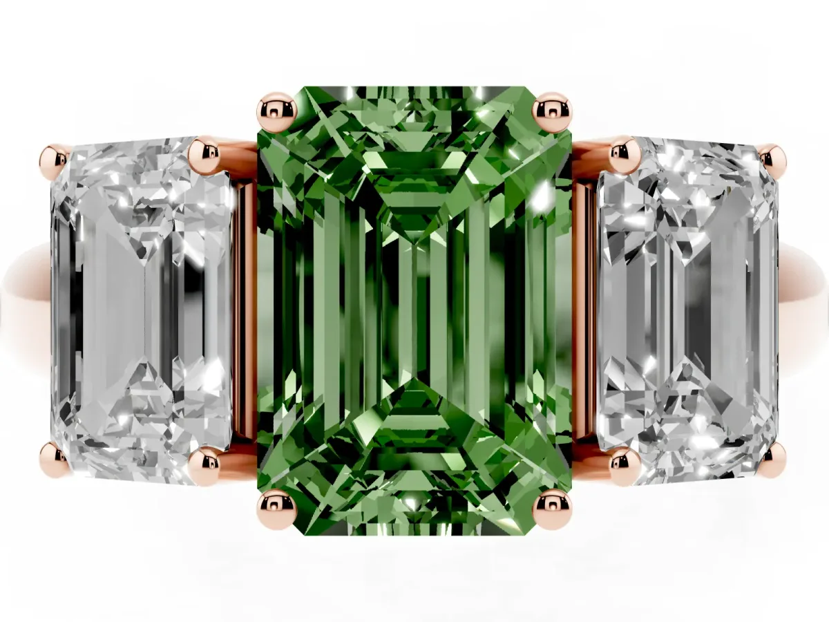 Fancy Green Three-Stone Emerald Cut Diamond Engagement Ring with Prong Setting Rose gold