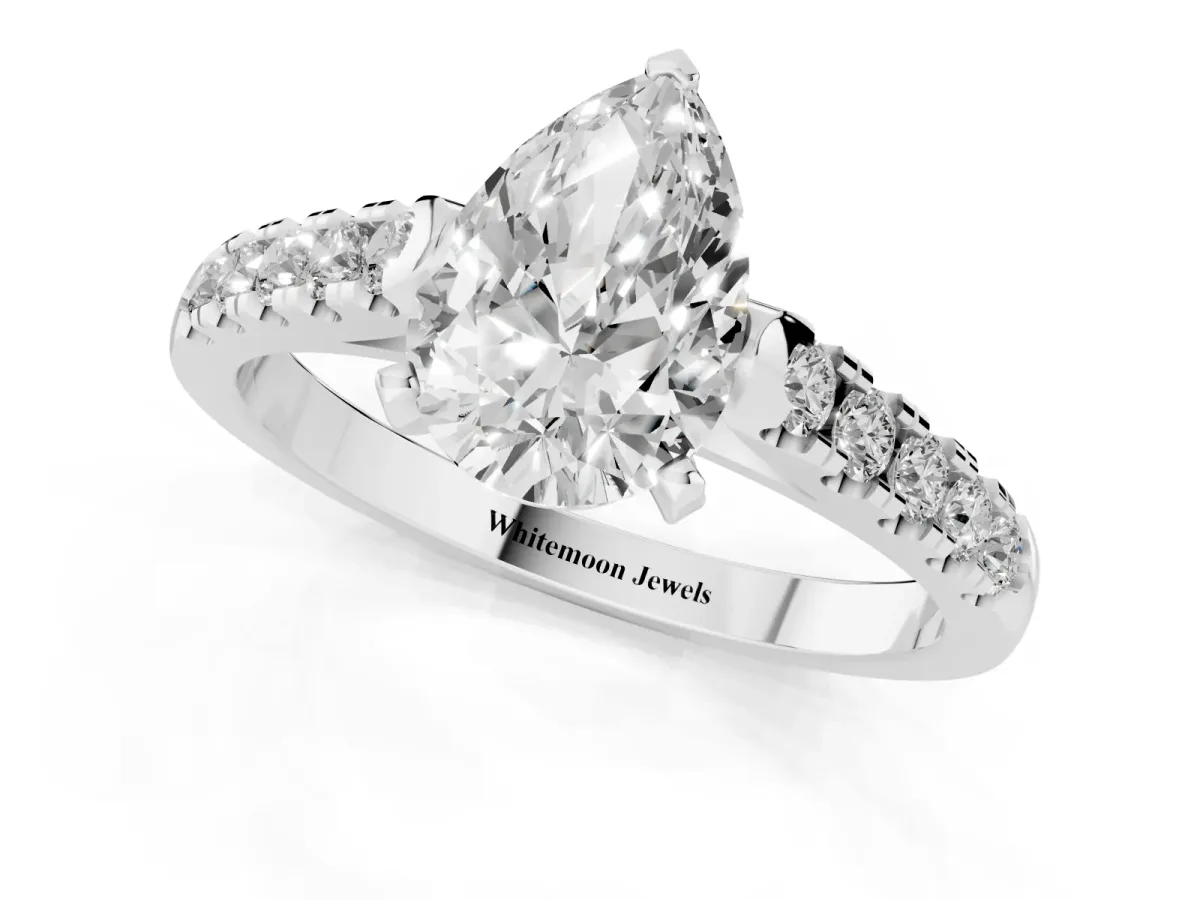 Pear Cut Diamond Pavé Band Solitaire Ring with Prong Setting Silver