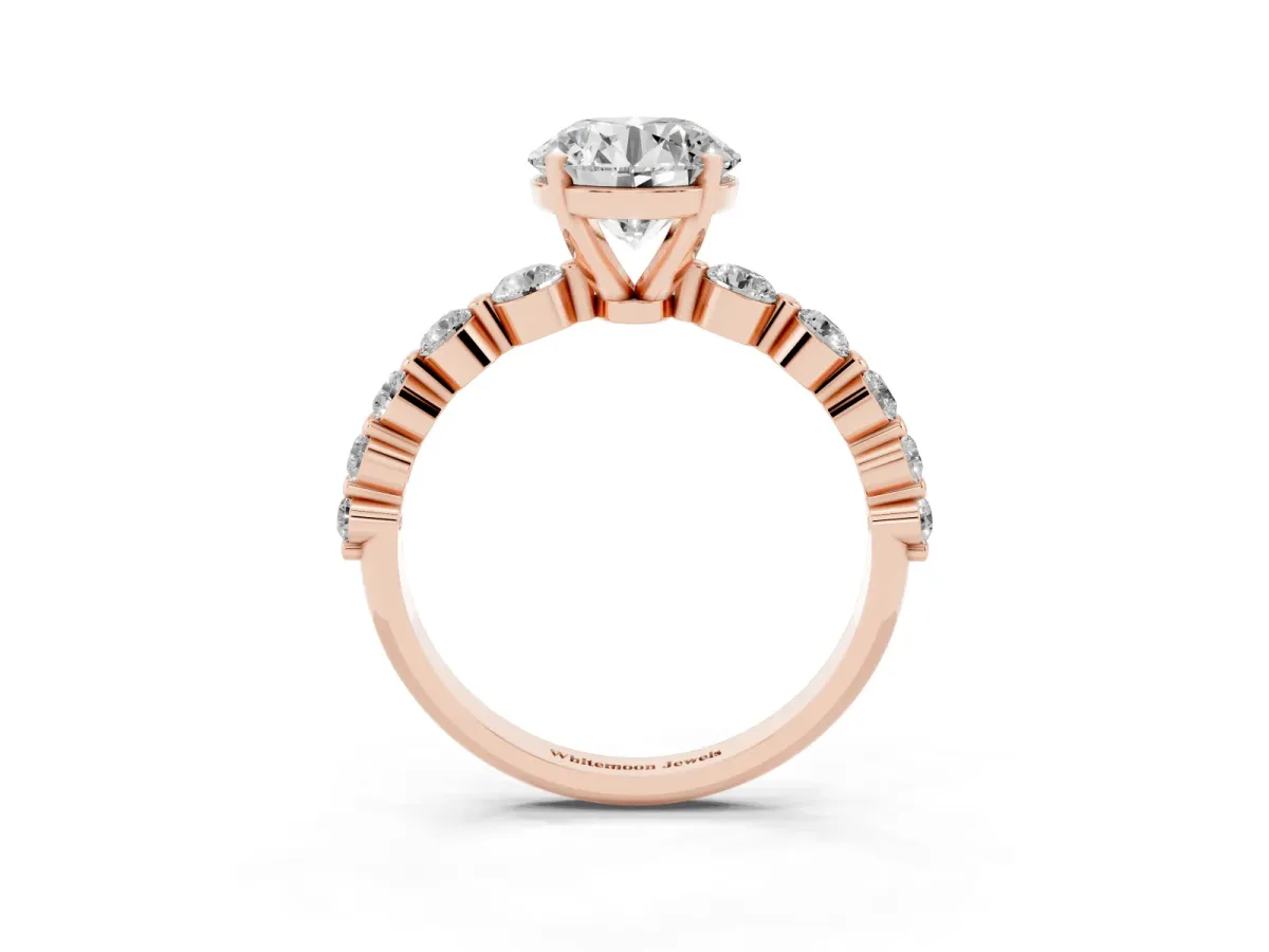 Round Cut Solitaire Diamond Ring with Pave Band and Four-Prong Setting Rose gold