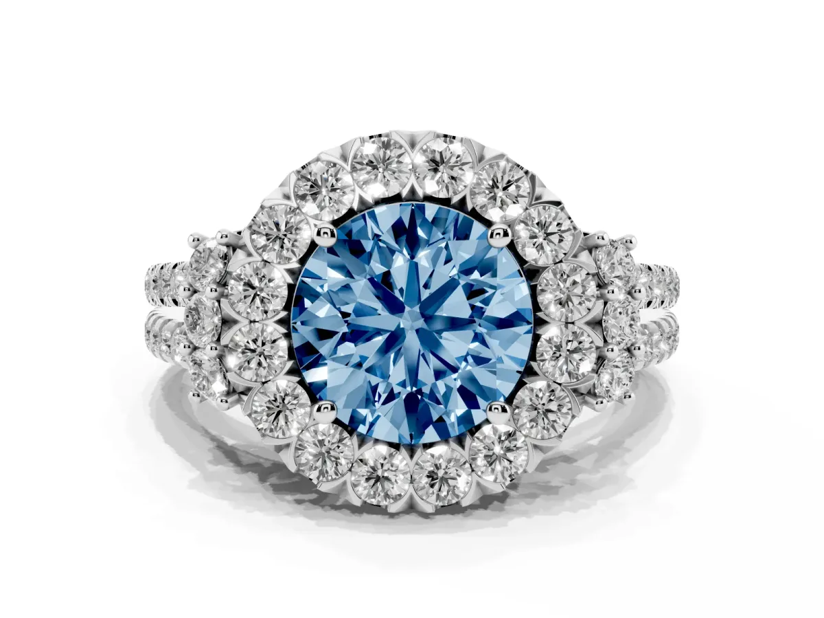 Fancy Blue Round Cut Cut Double Halo Diamond Engagement Ring with Pave Band and Four-Prong Setting Silver