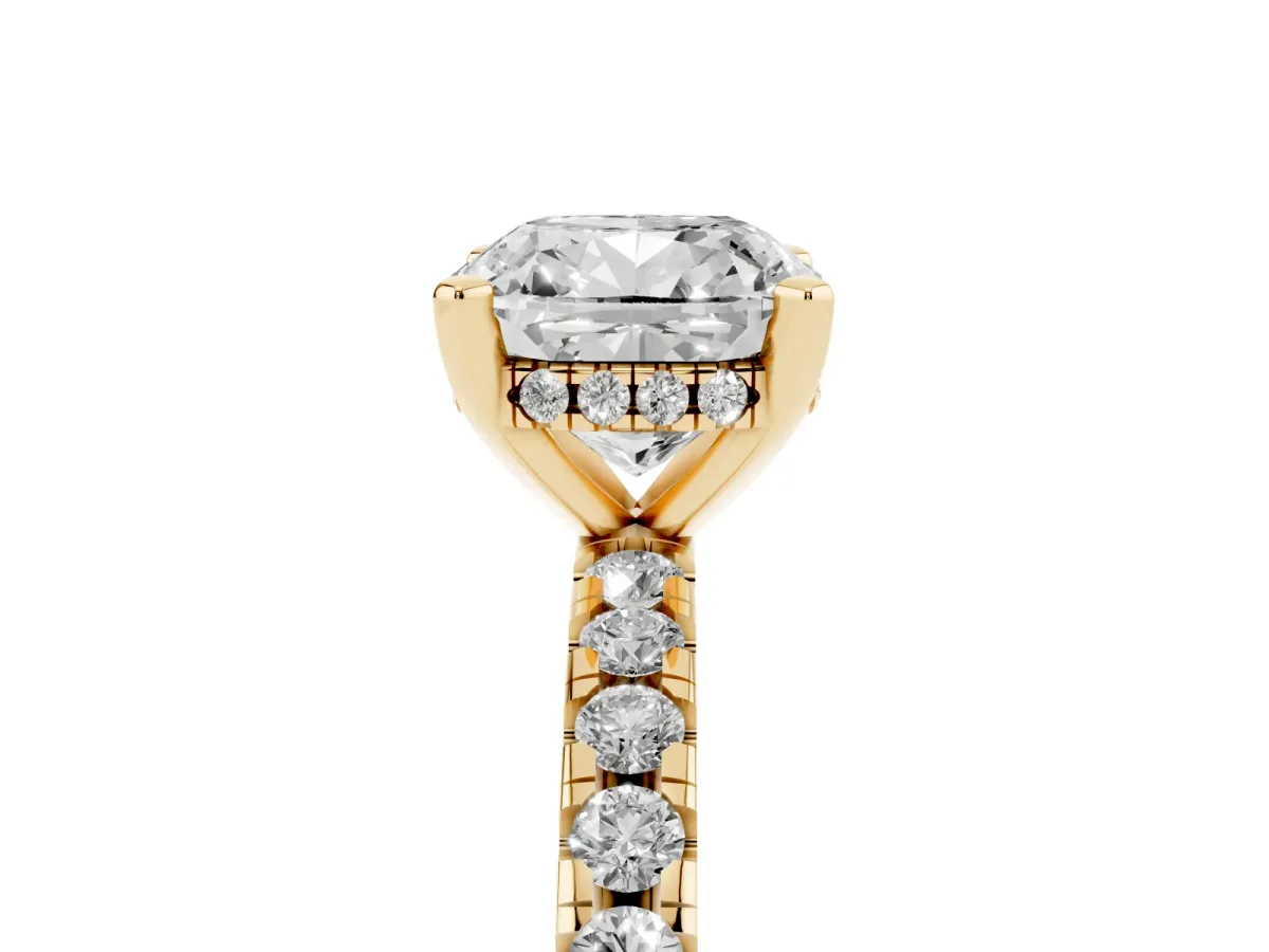 Cushion Cut Diamond Solitaire Ring with Round Pavé Band and Four-Prong Setting Yellow gold