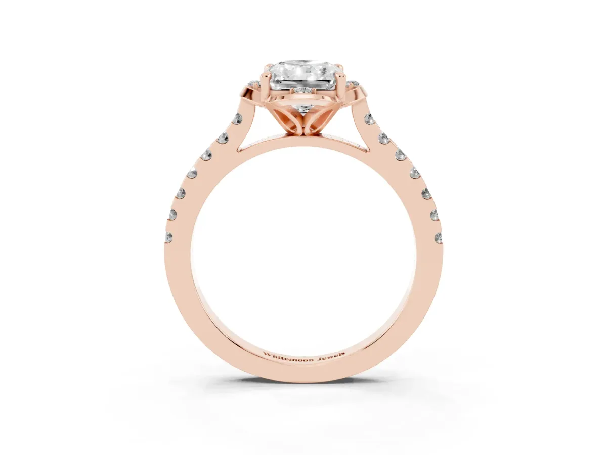 Radiant Cut Diamond Ring with Pavé Band and Floral Prong Setting Rose gold