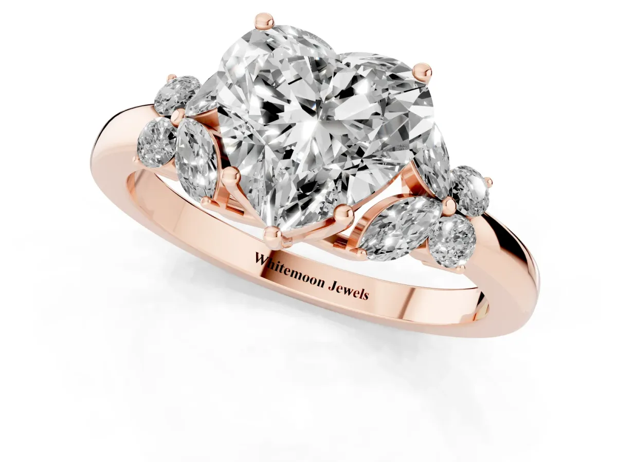 Heart Cut Cut Solitaire Floral Diamond Ring with Four-Prong Setting Rose gold