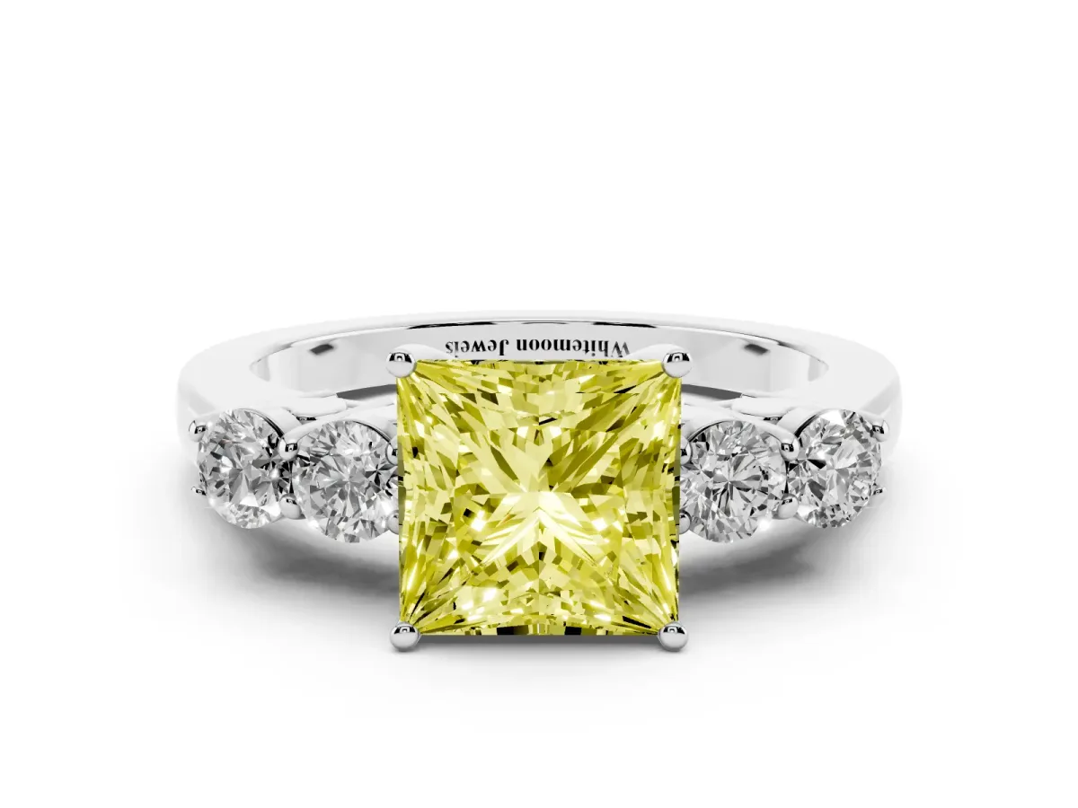Fancy Yellow Princess Cut Cut Diamond Five-Stone Prong Set White Gold Ring Silver